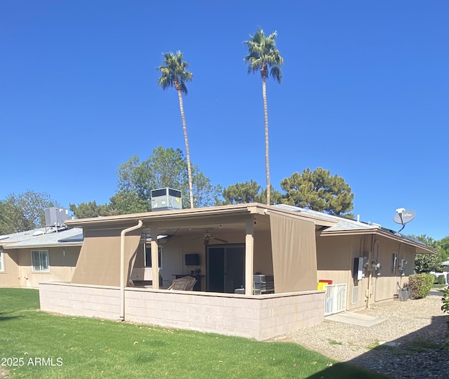 back of house featuring a ceiling fan, a patio area, and stucco siding