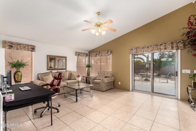 office space with a ceiling fan, high vaulted ceiling, and light tile patterned flooring