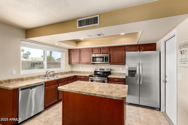 3415 E Anderson Dr, Phoenix, AZ 85032 - kitchen with appliances with stainless steel finishes, a sink, a tray ceiling, and light tile patterned flooring