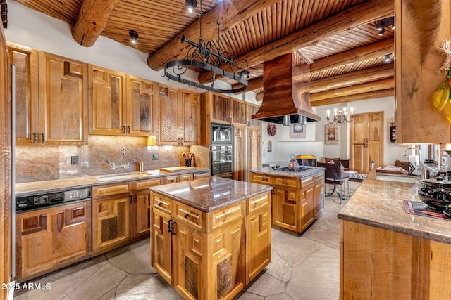 kitchen with sink, wood ceiling, a center island, light stone counters, and black appliances