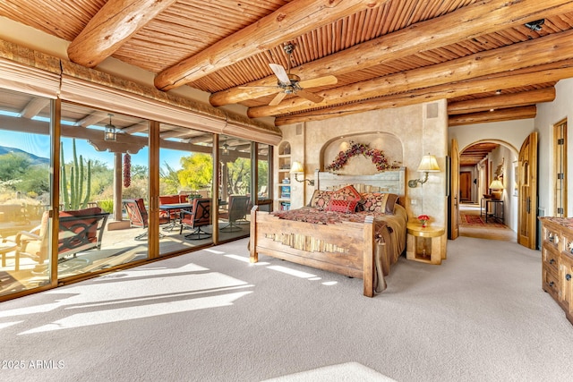 bedroom with light carpet, access to outside, wood ceiling, and beam ceiling