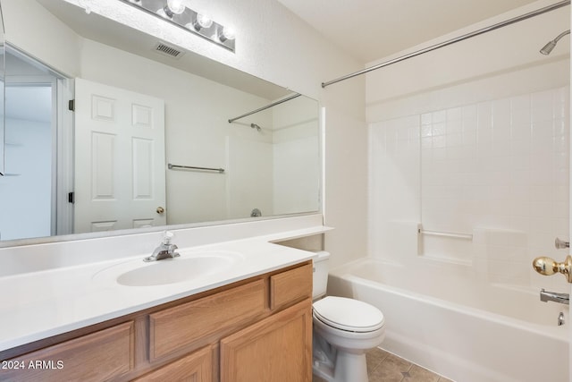 full bathroom with vanity,  shower combination, and toilet