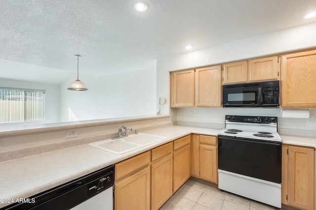 kitchen with stainless steel dishwasher, a textured ceiling, white range with electric stovetop, sink, and pendant lighting