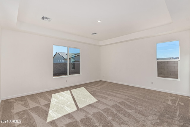 carpeted empty room featuring a tray ceiling