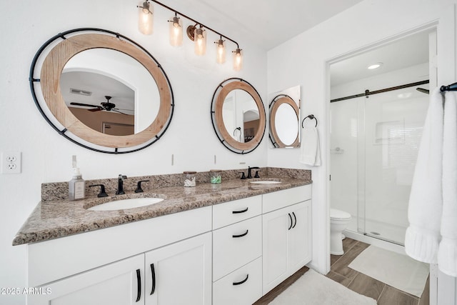 bathroom with ceiling fan, toilet, walk in shower, and vanity