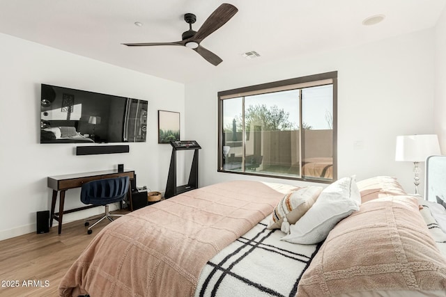 bedroom featuring ceiling fan and wood-type flooring