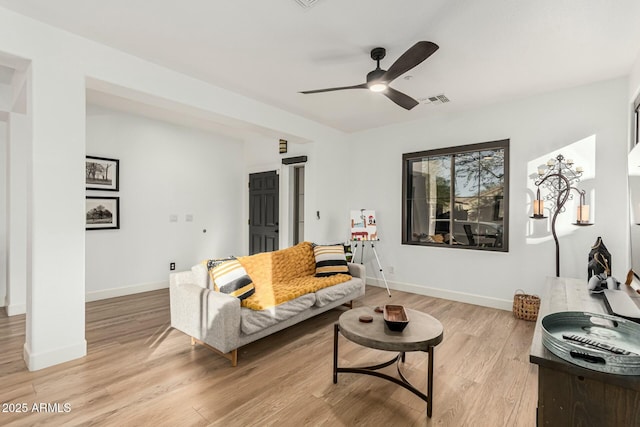 living room with ceiling fan and light hardwood / wood-style floors