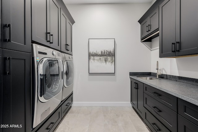 laundry area featuring cabinets, sink, and washing machine and clothes dryer