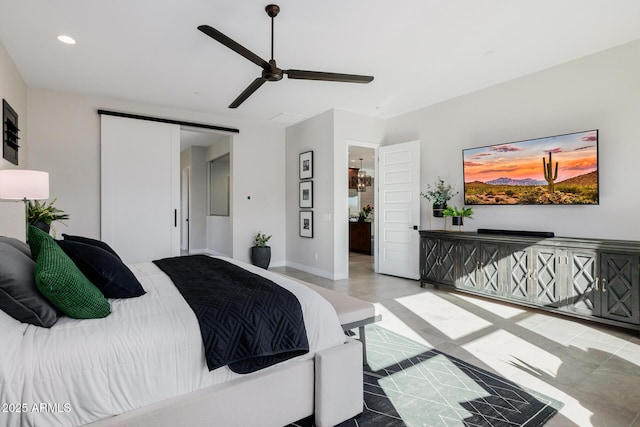 bedroom featuring ceiling fan and a closet