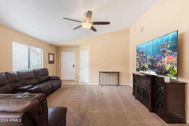 living room featuring light carpet, lofted ceiling, and ceiling fan