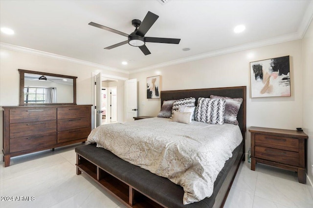 16008 N 56th Way, Scottsdale, AZ 85254 - bedroom featuring ornamental molding, ceiling fan, and recessed lighting