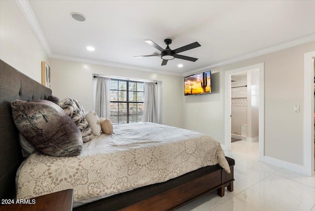 16008 N 56th Way, Scottsdale, AZ 85254 - bedroom featuring crown molding, recessed lighting, a ceiling fan, and ensuite bath