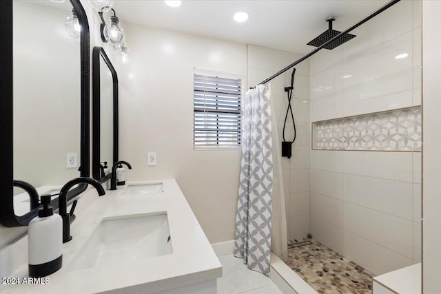 16008 N 56th Way, Scottsdale, AZ 85254 - full bath with tiled shower, double vanity, recessed lighting, and tile patterned flooring