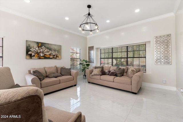 16008 N 56th Way, Scottsdale, AZ 85254 - living area featuring a chandelier, baseboards, ornamental molding, recessed lighting, and light tile patterned floors