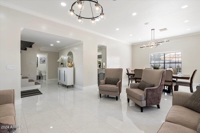 16008 N 56th Way, Scottsdale, AZ 85254 - living room with a chandelier, ornamental molding, baseboards, recessed lighting, and stairway