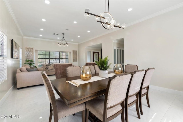 16008 N 56th Way, Scottsdale, AZ 85254 - dining area with a chandelier, recessed lighting, crown molding, baseboards, and light tile patterned floors