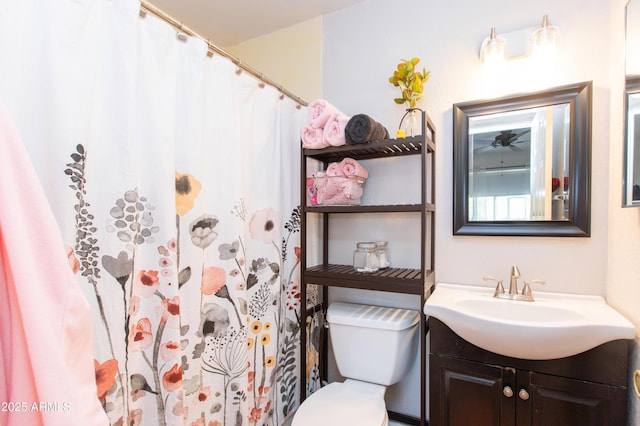 bathroom featuring vanity, toilet, and curtained shower