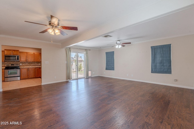 12613 N 51st Dr, Glendale, AZ 85304 - unfurnished living room with a ceiling fan, light wood finished floors, ornamental molding, and baseboards