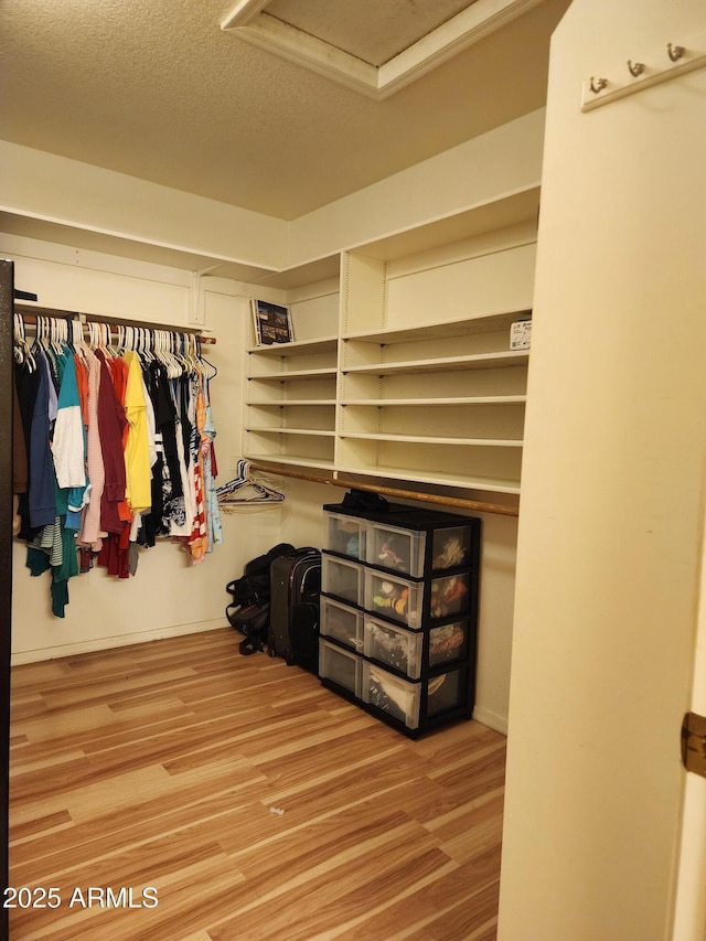 walk in closet with wood finished floors