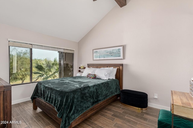 bedroom with beam ceiling, high vaulted ceiling, and dark wood-type flooring