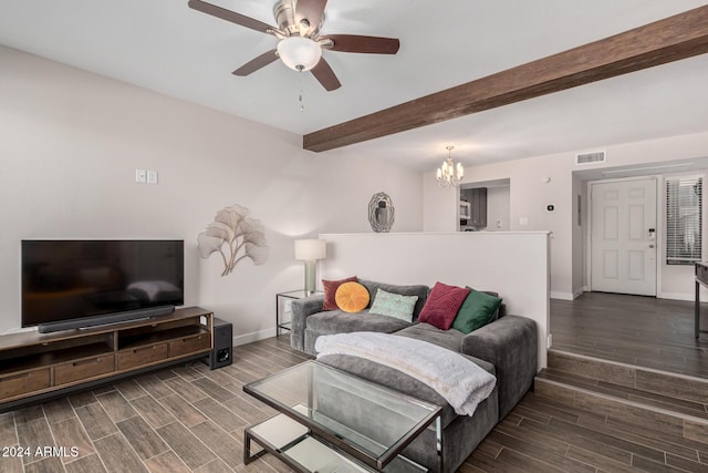 living room featuring dark hardwood / wood-style floors, beam ceiling, and ceiling fan with notable chandelier