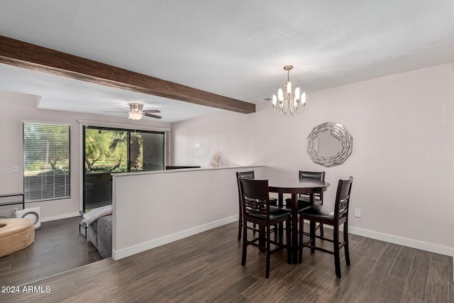 dining room featuring beam ceiling, ceiling fan with notable chandelier, dark hardwood / wood-style floors, and a textured ceiling