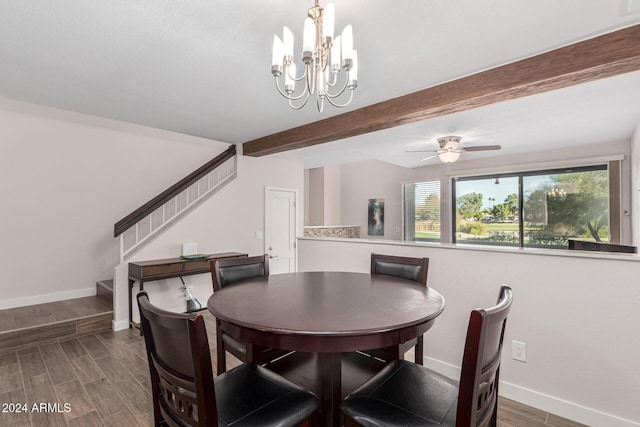 dining room with dark hardwood / wood-style floors, beam ceiling, and ceiling fan with notable chandelier