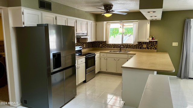 kitchen with ceiling fan, white cabinets, sink, backsplash, and stainless steel appliances