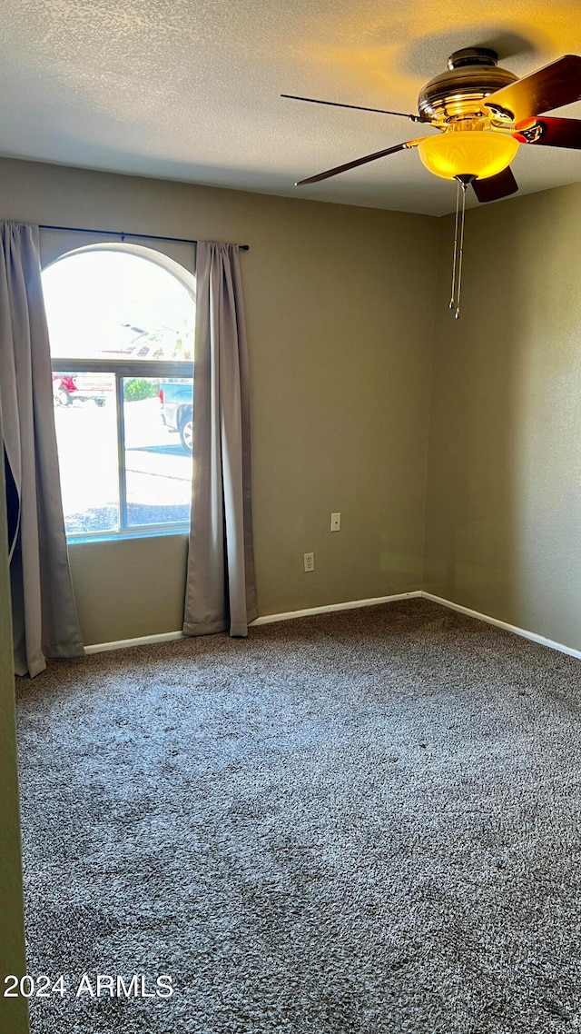 spare room with ceiling fan, carpet flooring, and a textured ceiling