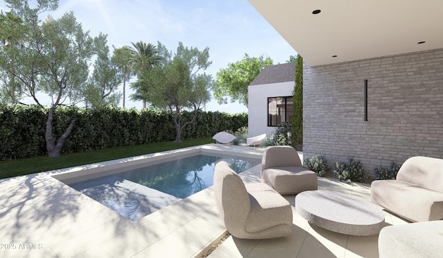 view of swimming pool featuring a fenced in pool and a patio