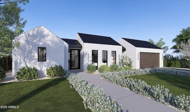 modern home featuring a garage, a standing seam roof, a front yard, and stucco siding