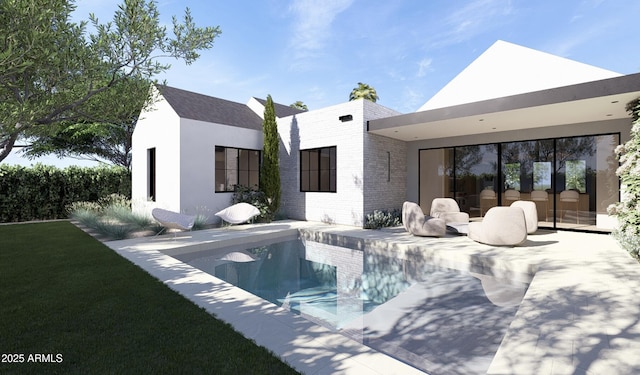 rear view of house featuring a yard, a patio area, an outdoor pool, and brick siding