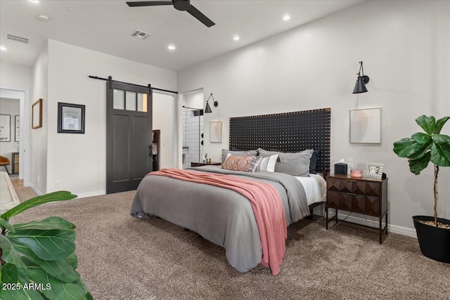 20715 E Watford Dr, Queen Creek, AZ 85142 - bedroom with a barn door, carpet floors, baseboards, recessed lighting, and ceiling fan