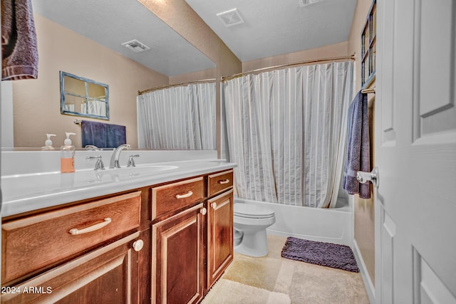 full bathroom with shower / bath combination with curtain, vanity, visible vents, and toilet
