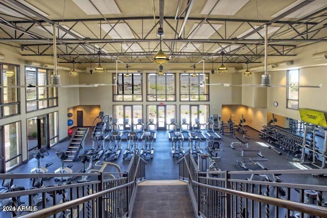 workout area with a towering ceiling and plenty of natural light