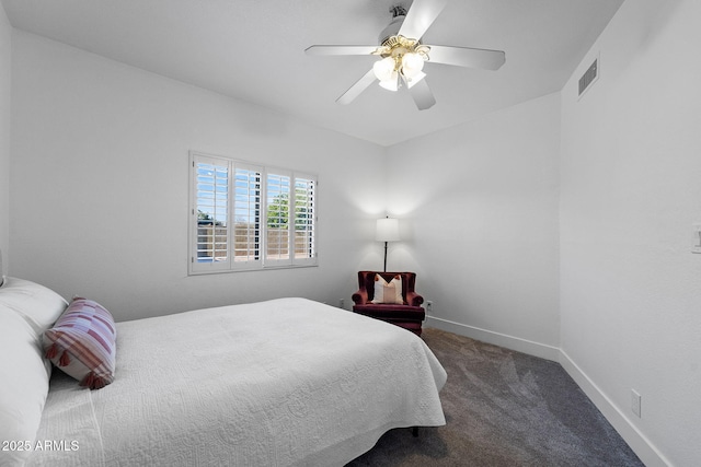 bedroom featuring carpet, visible vents, a ceiling fan, and baseboards