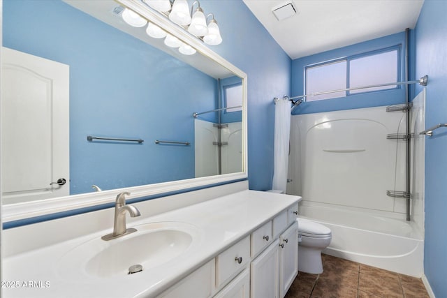 bathroom featuring shower / bath combo, visible vents, toilet, tile patterned floors, and vanity