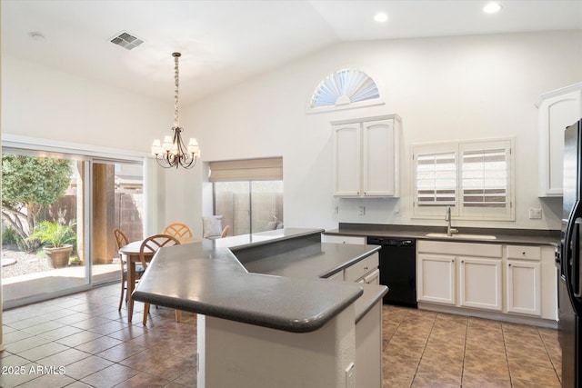 kitchen with tile patterned flooring, a sink, a center island, dishwasher, and dark countertops