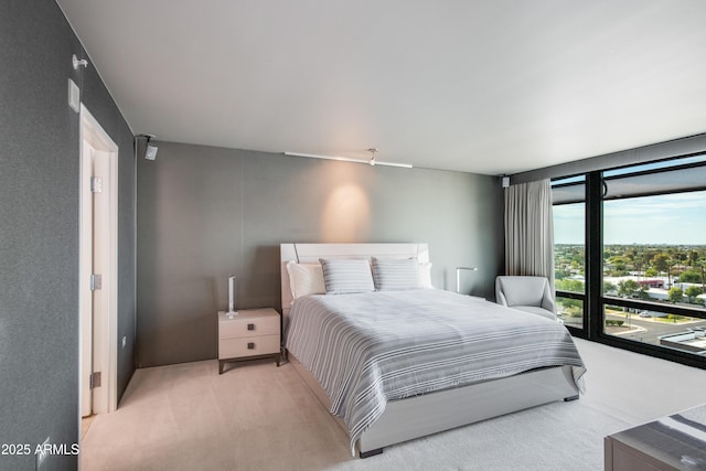 bedroom featuring light colored carpet