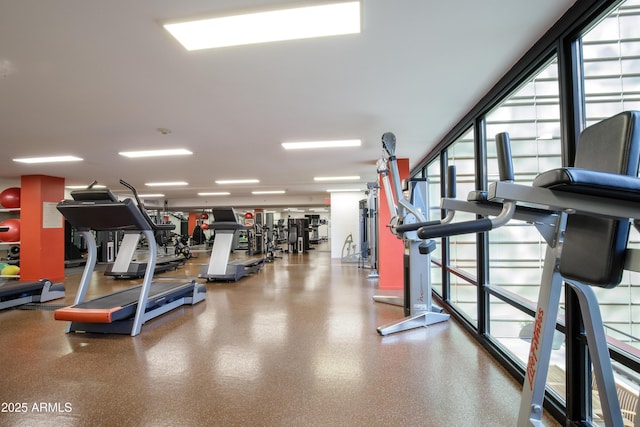 exercise room with floor to ceiling windows