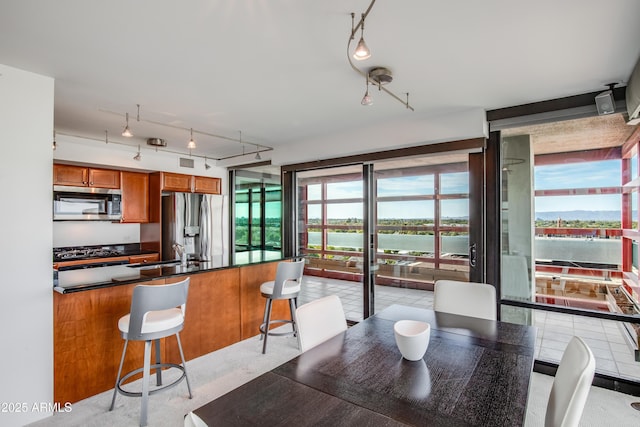 dining area featuring a water view and plenty of natural light