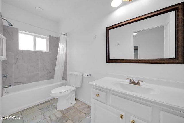 bathroom with shower / bath combination with curtain, vanity, toilet, and baseboards