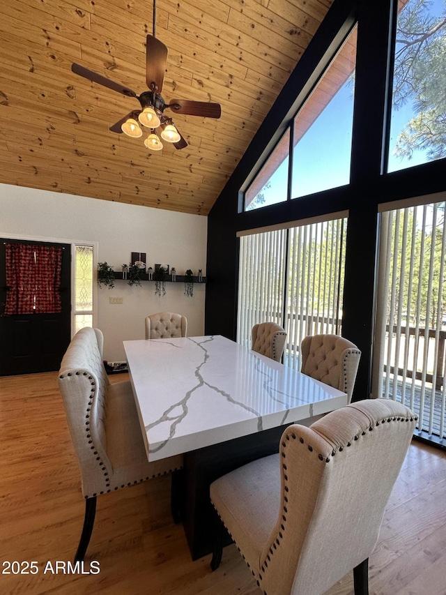 dining room with light wood-style floors, a healthy amount of sunlight, and wooden ceiling