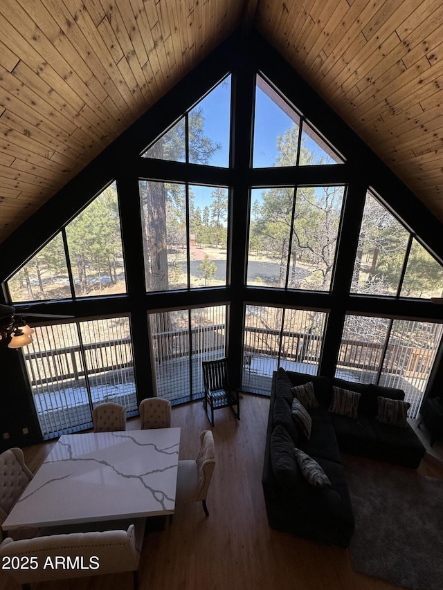 living room featuring a wall of windows, wood finished floors, wood ceiling, and high vaulted ceiling