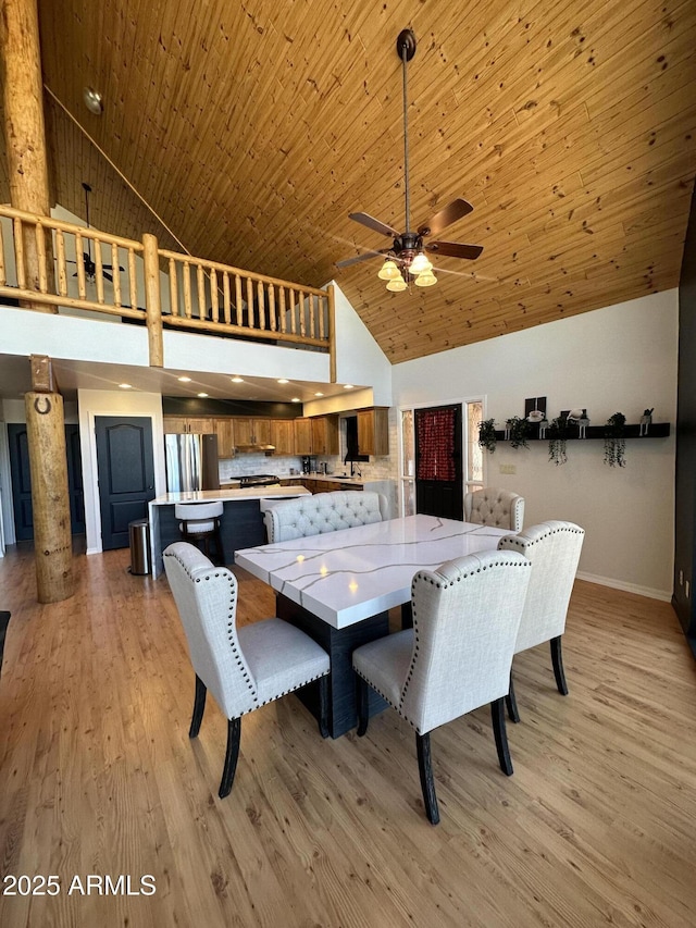 dining room featuring wooden ceiling, a ceiling fan, light wood finished floors, and high vaulted ceiling