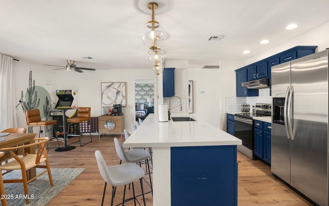 kitchen featuring blue cabinets, sink, decorative backsplash, kitchen peninsula, and stainless steel appliances