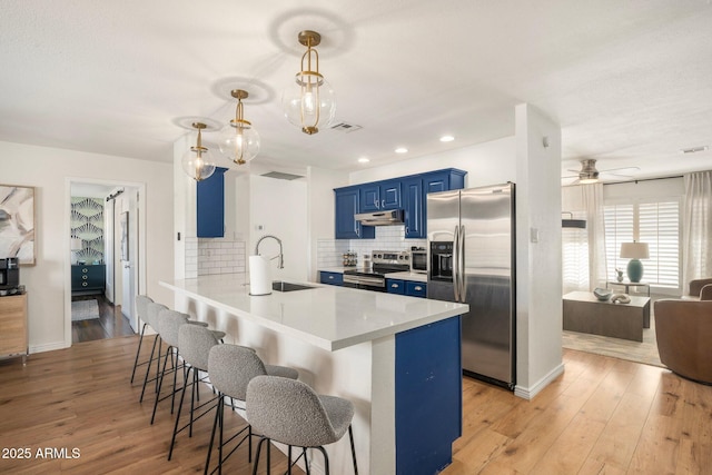 kitchen featuring appliances with stainless steel finishes, blue cabinets, sink, backsplash, and kitchen peninsula