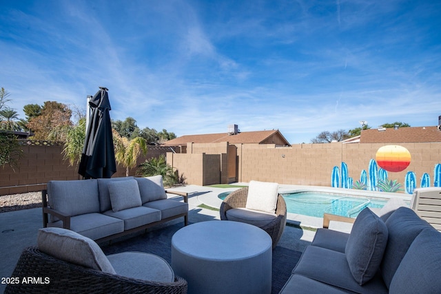 view of patio featuring an outdoor living space and a fenced in pool