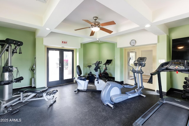 exercise room featuring recessed lighting, visible vents, a ceiling fan, and french doors