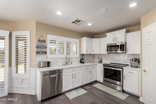 kitchen with appliances with stainless steel finishes, a sink, white cabinets, and a healthy amount of sunlight